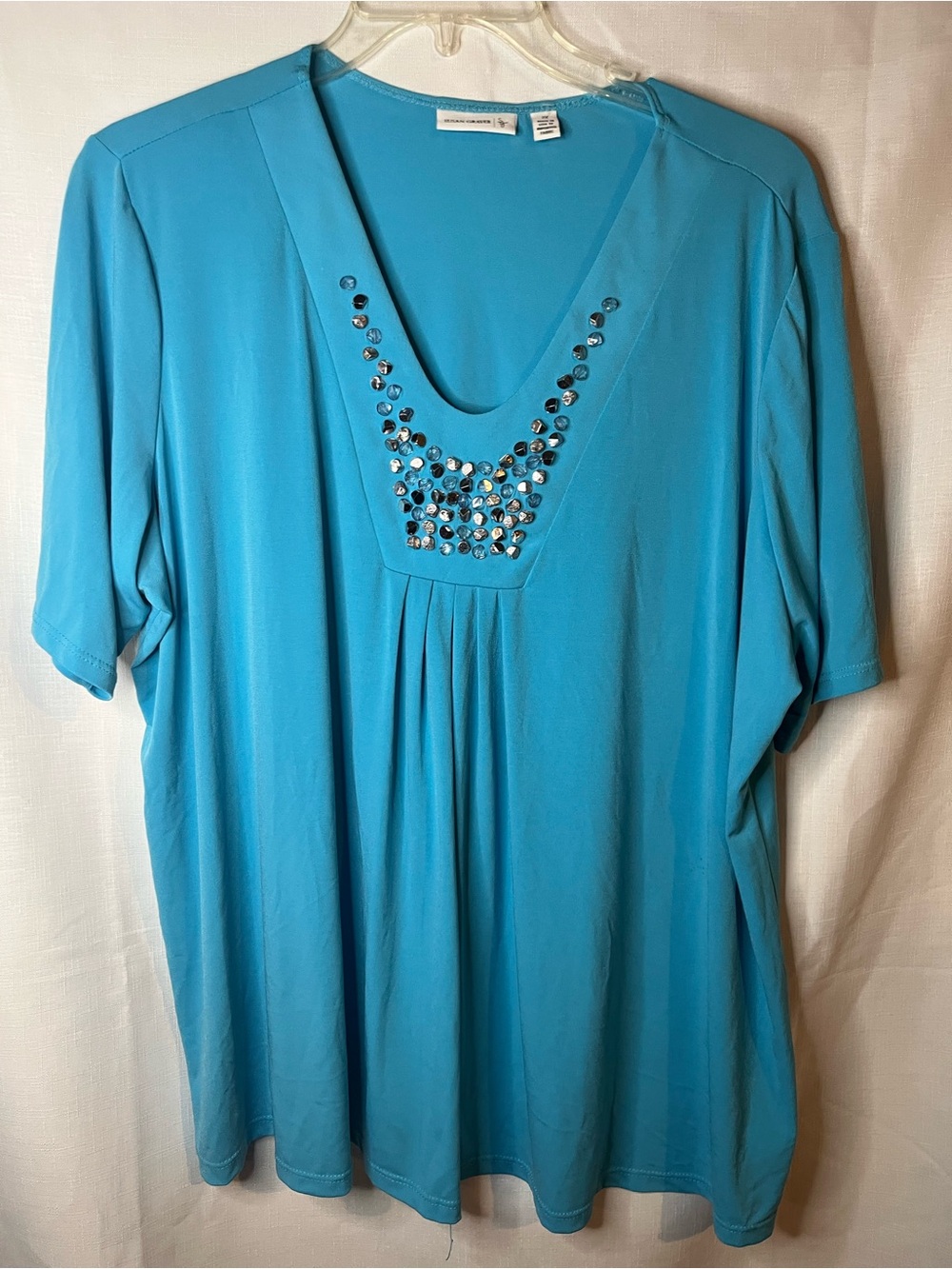 Susan Graver Turquoise Embellished V-Neck Short Sleeve Top